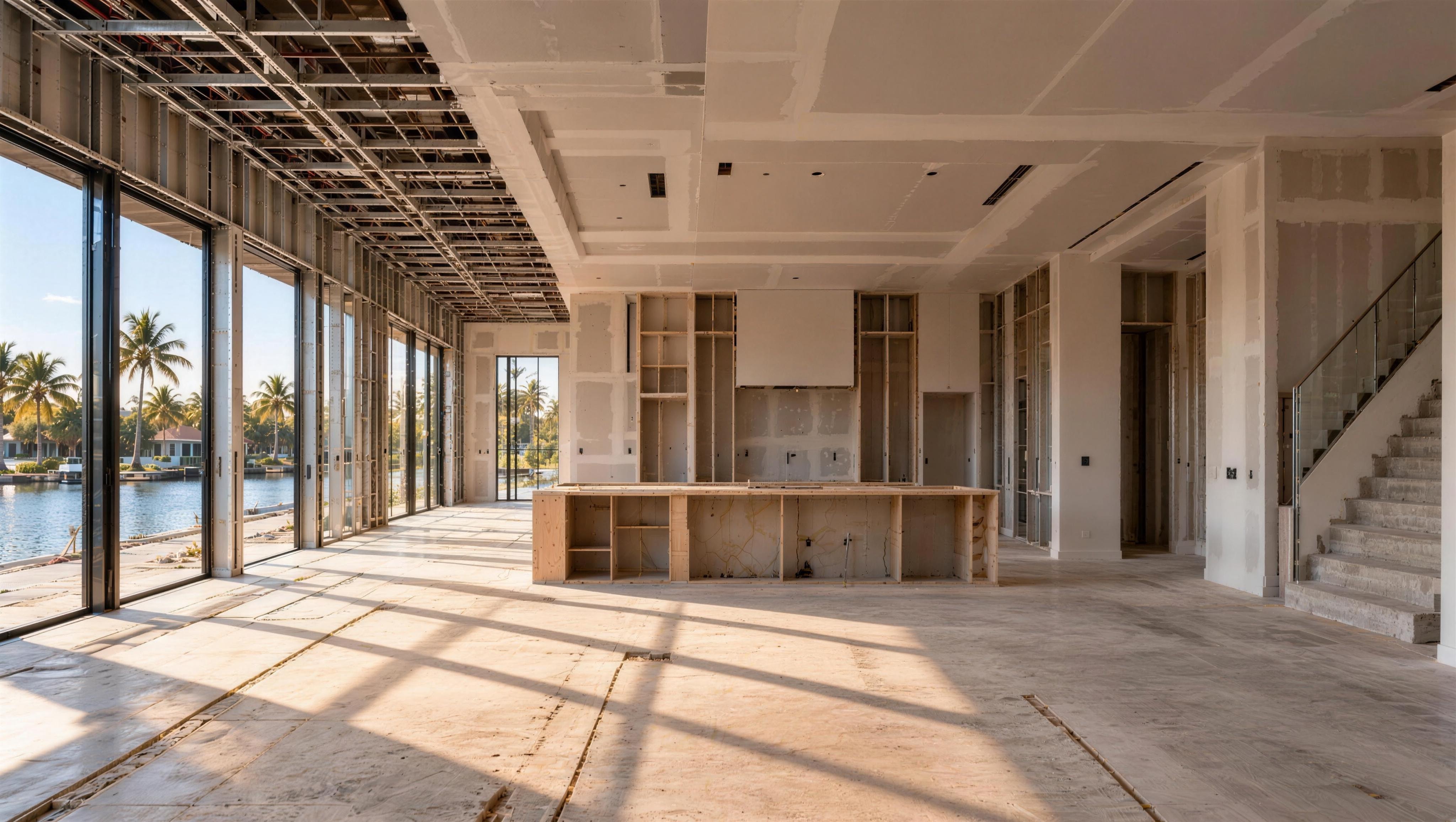 Time-lapse of a home interior rebuilt from bare studs into a finished kitchen and living room
